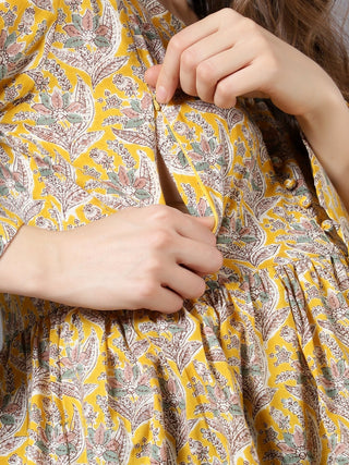 Chic Yellow Printed Cotton Maternity/Breastfeeding Short Kurti - House Of Zelena