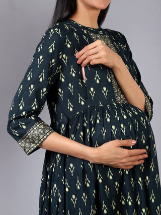 Evergreen Elegance Maternity Dress with Pocket - 