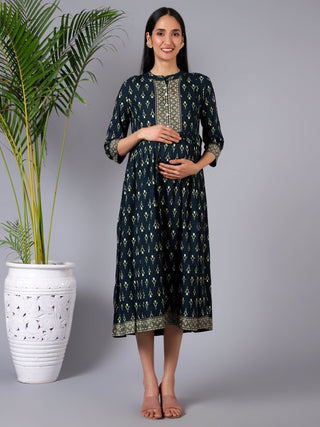 Evergreen Elegance Maternity Dress with Pocket