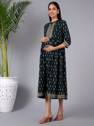 Evergreen Elegance Maternity Dress with Pocket - 