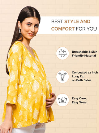 Golden Yellow Printed Rayon Maternity Short Kurti - 
