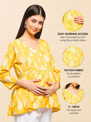 Golden Yellow Printed Rayon Maternity Short Kurti - 