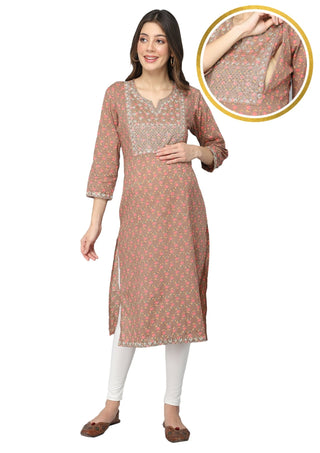 Light Brown with Pink Flowers, Gold Embroidery & Sequins Maternity Kurti - 