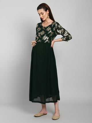Maternity Gown for Photoshoot - Bottle Green with Gold Foil Print - House Of Zelena