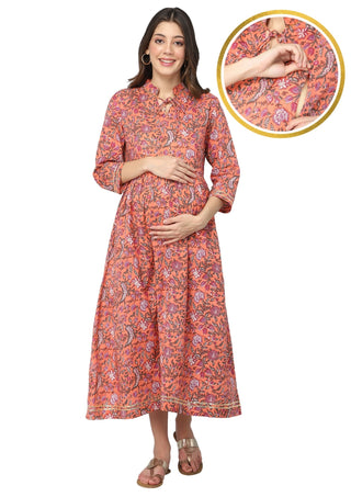 Orange & White Floral Print Maternity Dress - House Of Zelena™