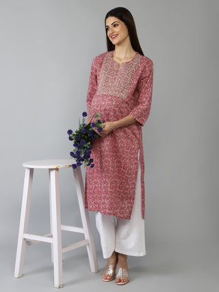 Pink and White Embroidery & Sequins Maternity Kurti - House Of Zelena™