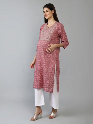 Pink and White Embroidery & Sequins Maternity Kurti - House Of Zelena™