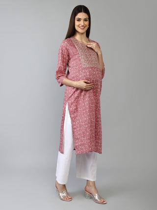 Pink and White Embroidery & Sequins Maternity Kurti - House Of Zelena