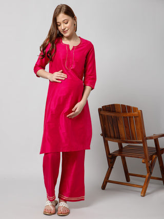 Pink Maternity Suit Set with Navy Dupatta and Pocket - House Of Zelena