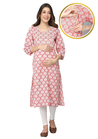 Red and White Embroidery & Sequins Maternity Kurtis