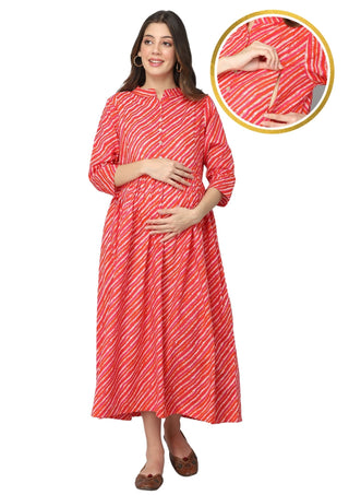 Red Orange & White Stripe Print Maternity Dress - House Of Zelena™