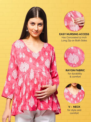Rose Pink Printed Rayon Maternity Short Top with 3/4th Sleeves - House Of Zelena