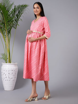 Salmon Splash Maternity Dress with Embroidered Lace and Pockets - House Of Zelena