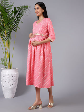 Salmon Splash Maternity Dress with Embroidered Lace and Pocket