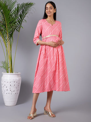 Salmon Splash Maternity Dress with Embroidered Lace and Pocket