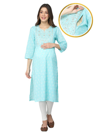Sky Blue with Gold Embroidery & Sequins Maternity Kurti - House Of Zelena