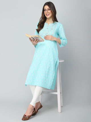 Sky Blue with Gold Embroidery & Sequins Maternity Kurti - House Of Zelena™