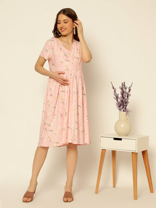 Twinkle Pink Zipless Feeding Dress with 2 Side Pockets - House Of Zelena