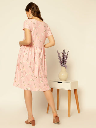 Twinkle Pink Zipless Feeding Dress with 2 Side Pockets - House Of Zelena