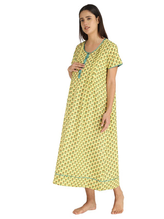 Yellow and Green Floral Printed Maternity Maxi - House Of Zelena
